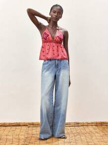 Maija Camiseta sin espalda con cuello halter de color rosa para mujer, casual, para vacaciones de verano, con diseño de estampado de moda - Rosa - Ver 3