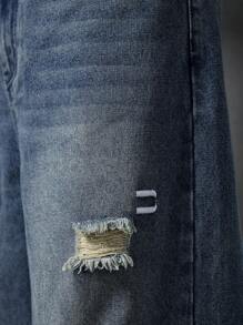 NEON BLANC Men's Streetwear Loose Fit Long Snow Wash Denim Jeans - Blue - View 6