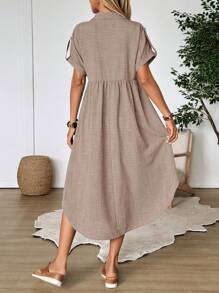 EMERY ROSE Women's Solid Color Cuffed Sleeve Single Breasted Casual Shirt Midi Dress,Shirt Dresses For Women