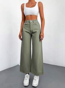 Cottnline 100%纯棉斜口袋休闲阔腿牛仔裤 - 軍綠色 - 查看 5