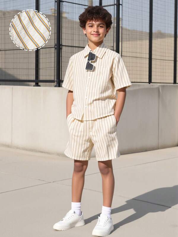 2 piezas Conjunto de camisa a rayas con textura y pantalones cortos para niños, estilo casual de vacaciones para primavera/verano
