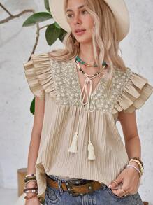 LanaWest Nuova blusa casual con scollo a V, ricamo in pizzo, maniche a volant e fiocco decorativo sulla parte anteriore, adatta per le vacanze, modello ampio