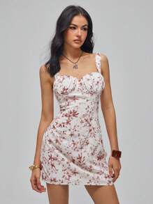 Roylia French Floral Print Tight Waist Ruffle Decoration Camisole Dress With Bust Cup For Women - Multicolor - View 8