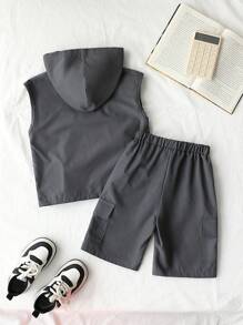 2pcs Set Young Boy Plain Hoodie And Shorts - Grey - View 2
