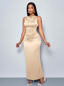 SOLERSUN Vestido de fiesta elegante para mujer de unicolor con cuello drapeado y mangas acuchilladas, perfecto para banquetes - Albaricoque - Ver 3