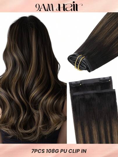 Seamless Clip Ins 7 PIEZAS de extensiones de cabello humano sin costuras de PU, 100% cabello humano real de 14-22 pulgadas, color rubio balayage ombre, con piel tejida, extensiones de cabello Remy con clips, 110G