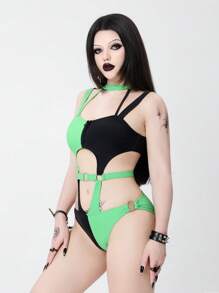 ROMWE Goth Traje de baño de una pieza sexy con anillo de contraste y hueco, Halloween