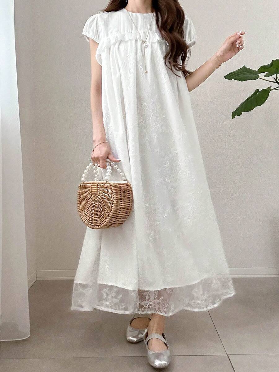 FRIFUL Plus Size Women Frill Mesh Lace Patchwork Casual Loose Dress, Sweet Lightweight Vacation Dress For Spring & Summer, Suitable For Graduation, Wedding Guest - White - View 1