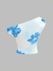 Girlism Teengirl 2 Pieces Set: Blue Casual Floral Pattern Asymmetrical Ruched Snug Fit Mini Skirt, Suitable For Summer, Vacation Outfits Young Girls Sets Summer Outfits 15 16