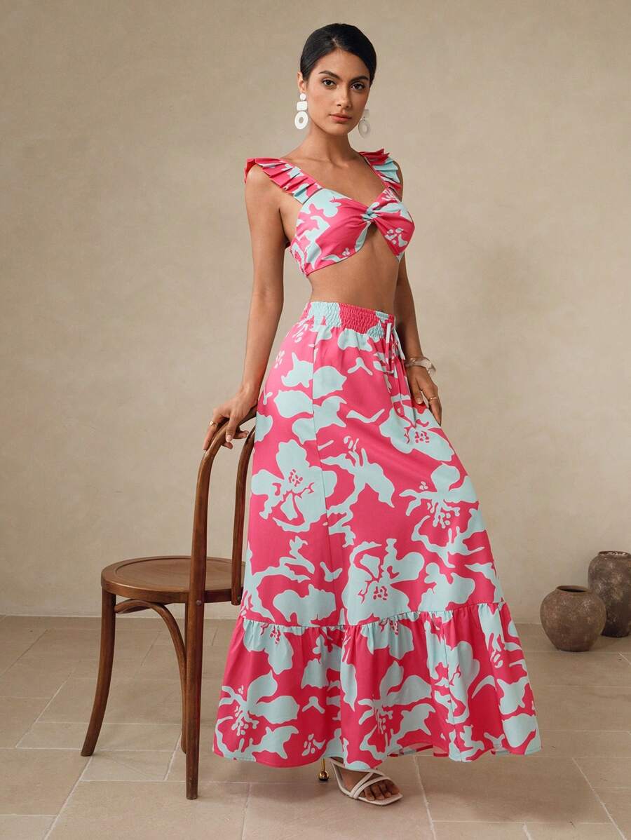 SHEIN Swim 2件套休闲优雅花卉印花短款上衣和荷叶边下摆半身裙套装