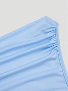 SHEIN MOOSTA Plus Size Solid Color Asymmetrical Neck Dress, Fashionable For Summer - Blue - View 3