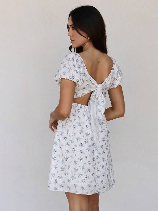 Roylia Vestido informal para mujer con cuello cuadrado, lazo en la parte posterior, mangas abultadas y smock, Vestido corto de patinadora con estampado floral azul, Verano