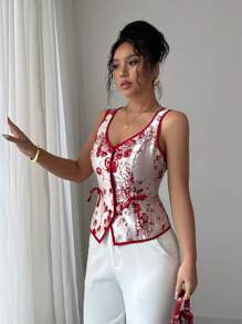 Elenzga Camisa con apertura frontal y detalle de lazo en tela de jacquard elegante - Rojo - Ver 5