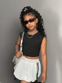 SHEIN Camiseta de manga corta con cuello redondo y recorte en la espalda, estilo deportivo casual para niña preadolescente, para el verano