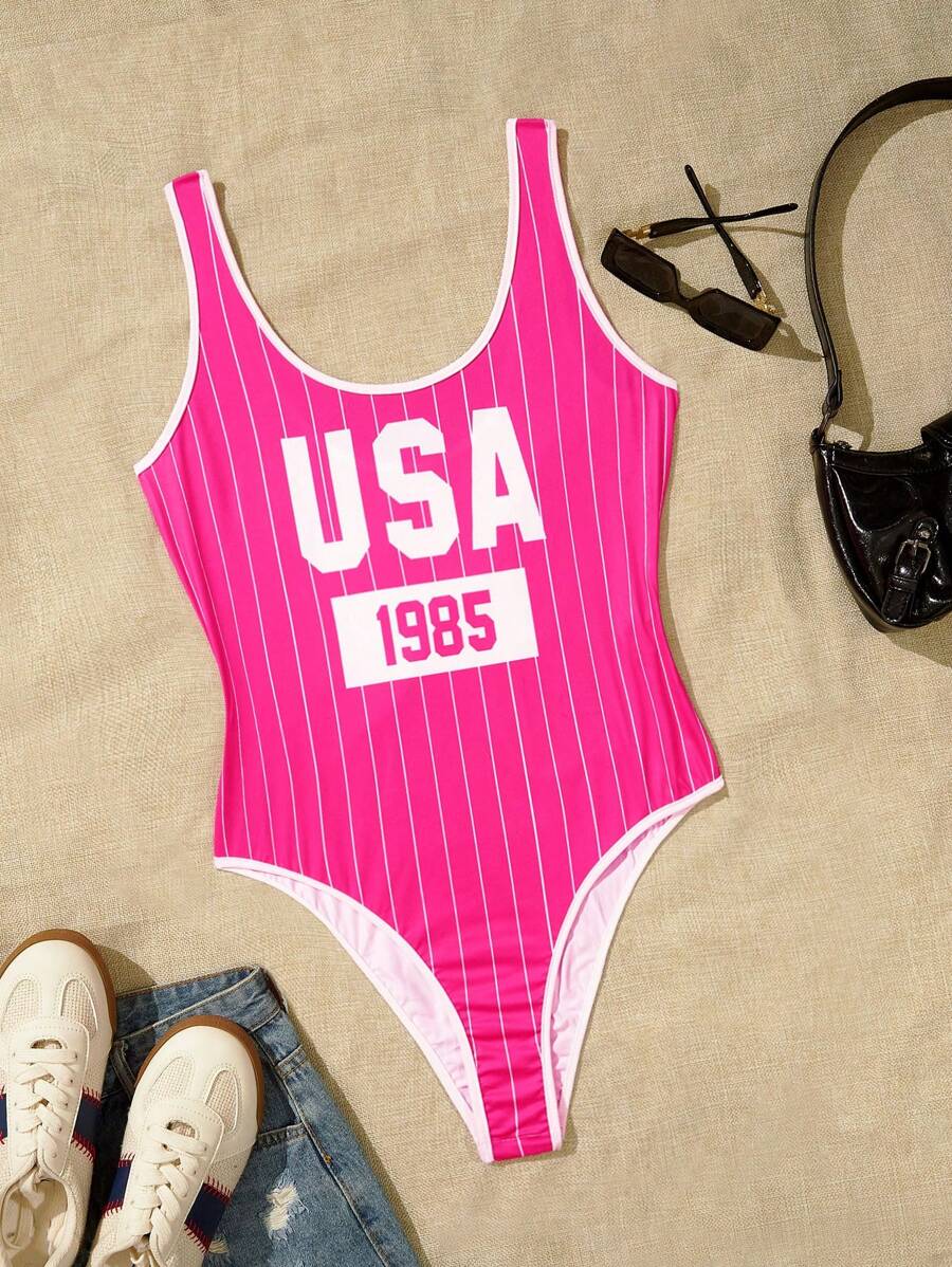 SHEIN EZwear 大码女式 7 月 4 日印花紧身衣 - 玫紅色 - 查看 1