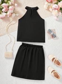 Set de 2 piezas con Top de cuello halter y Falda con decoración floral elegante para niña preadolescente, encantador para fiestas, bodas, primavera/verano