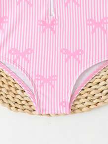 SHEIN Baby Girl Striped & Bow Print Zipper Long Sleeve Rash Guard Swimsuit - Pink - View 4