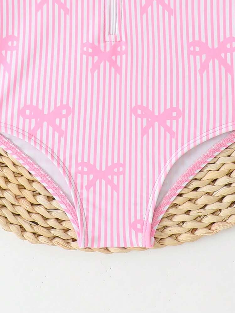 SHEIN Baby Girl Striped & Bow Print Zipper Long Sleeve Rash Guard Swimsuit - Pink - View 4