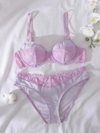 DelicateAllure 3 st set romantisk fransk stil spetspanel 3/4 kopp bygel bh underkläder set, lila