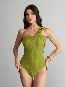 SHEIN Tall Wedding Season Party Elegant Vacation Jacquard Slimming One Shoulder Bodysuit With Twisted Front