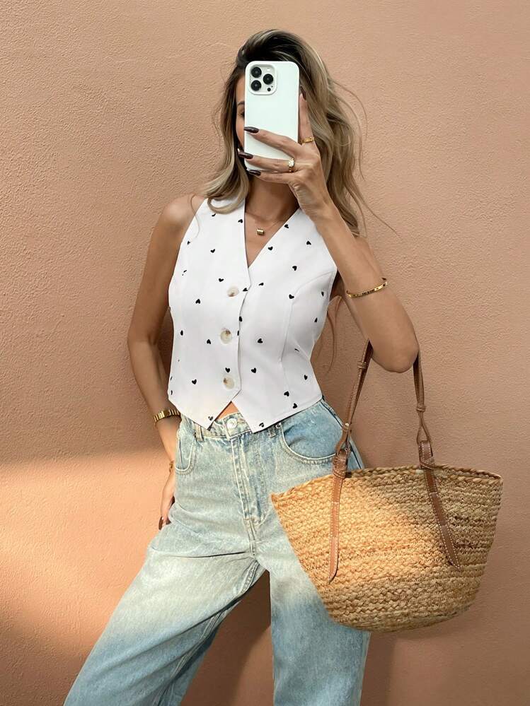 SHEIN Frenchy 女士无袖衬衫，夏季时尚 - 黑與白 - 查看 3