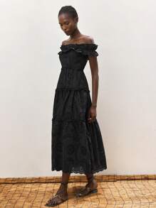 Maija 女式黑色花卉刺绣纹理面料荷叶边露肩松紧腰 A 字长裙，时尚优雅波西米亚风夏季海滩度假长裙 - 黑色 - 查看 3