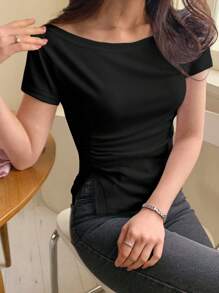 DAZY 女款純色短袖抓皺側開衩修身腰部T恤上衣 露肩上衣 - 黑色 - 查看 2