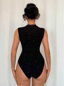 Rafferiza Women's V-Neck Sheer Mesh Patchwork Bodysuit, Sexy & Alluring, Autumn - Black - View 2