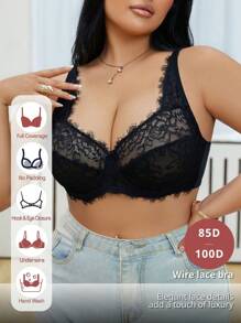 SHEIN Elegant Plus Size Black Lace Sheer Unlined Full Coverage Bra With Wide Support Straps For Women - Black - View 5