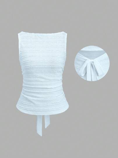 Sweetra Women's Solid Color Frill Trim Round Neck Pleated Camisole White Home