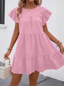 Breezaya Đầm babydoll rộng rãi cổ tròn màu trơn mùa hè cho nữ có viền bèo nhún trang phục đi biển - Hồng - Xem 6