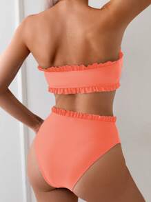 SHEIN Swim 女式夏季海滩纯色荷叶边抹胸比基尼套装，前结两件套泳衣，黑色泳衣