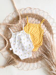 2 Pcs Newborn Baby Girl Adorable Summer Knitted Ditsy Floral & Heart Polka Dot Print Jumpsuit Onsie Set