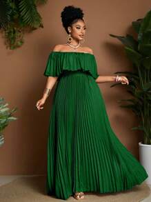 Maweii Damen große Größen Kleid Einfarbig mit Schulterausschnitt, modisch, elegant, plissiert - Grün - Übersicht 4