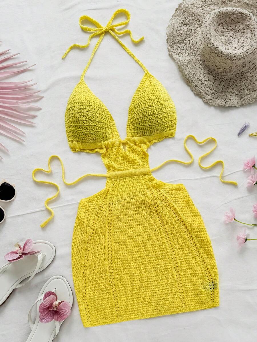 Soleia Robe en maille femme à col ras-du-cou sans dos, de couleur unie, pour les vacances à la plage - Jaune moutarde - Voir 1