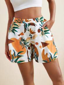 EBIB Blossom Drift Abstract Tropical Floral Printed Elastic Waist A-Line Shorts Women Vacation
