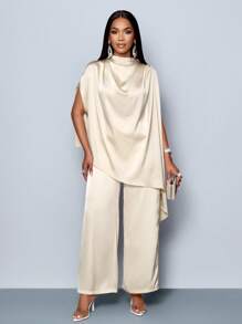 SOLERSUN Women's Fashionable Solid Color Elegant Mock Neck Stylish And Sophisticated Batwing Sleeve Satin Asymmetrical Hem Blouse & Straight-Leg Elegant Long Pants Sets Fall Cloth For Women