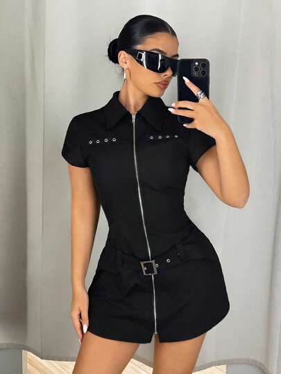 SHEIN ICON Y2K 女式夏季外出黑色哥特式金属孔眼嬉皮士前拉链短袖迷你连衣裙，夏季