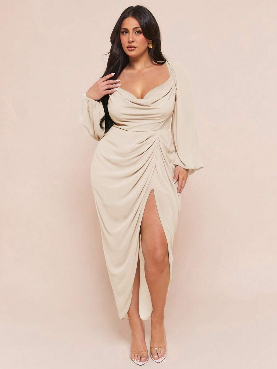 SHEIN BAE 大码女式优雅派对约会性感闪光亮片垂坠领褶饰不对称下摆开衩长袖连衣裙,薄荷绿 - 杏色 - 查看 1