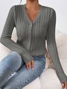 SHEIN Frenchy Women's Casual Everyday Solid Color Hollow Knit Cardigan Fall Clothes For Women,Tops For School Winter - Grey - View 5
