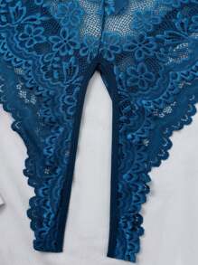 女士性感蕾丝蝴蝶结吊带连体裤 - 水鴨藍 - 查看 8