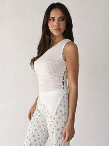 Roylia Women's Spring & Summer Fashionable One Shoulder Halter Knitted Cable Sleeveless Top, Asymmetrical Hem Fitted Slim Tank Shirt With Side Buttons - White - View 3