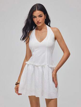 Roylia Elegant grimma för kvinnor med djup v-ringad klänning med volangfåll, sommar