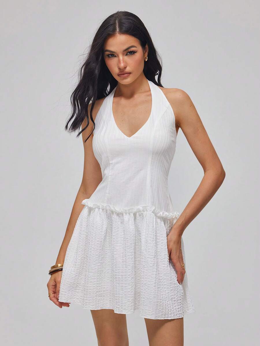 Roylia Đầm ôm cổ chữ V sâu thanh lịch cho nữ có viền xếp nếp, mùa hè - trắng - Xem 1
