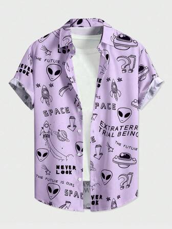 Prep Men's Casual Alien Print Button-Up Short Sleeve Shirt, Summer