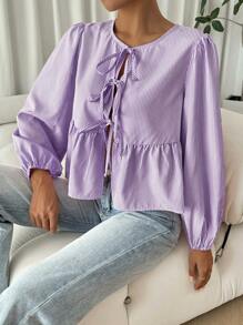 Comfortcana 夏季休闲浅紫色蝴蝶结吊带女式条纹娃娃裙 - 紫色 - 查看 6