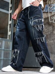 Manfinity LEGND Men's Casual Everyday Distressed Multi-Pocket Loose Denim Blue Jeans Hang Out Street College, Emo Style - Black - View 6