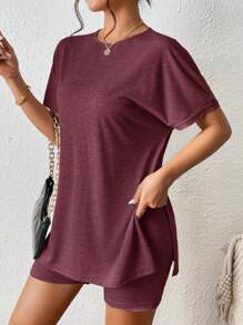 SHEIN Frenchy 2pcs/Set Women Solid Color Round Neck Short Sleeve T-Shirt & Shorts Christmas Thanks Giving Red Summer New Year Burgundy Casual Valentine's Day - Burgundy - View 7
