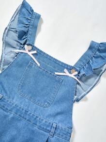 Tween Girls Casual Blue Washed Loose Bowknot Ruffle Design Denim Sundress, Simple Fashionable Versatile For Daily Wear - Medium Wash - View 3