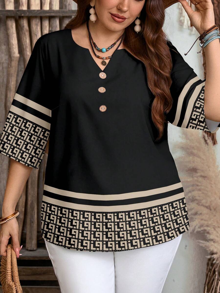 EMERY ROSE 大码女式复古花卉图案前扣短袖休闲衬衫，女式夏季衬衫，女式衬衫，乡村度假风格，女式波西米亚风格衬衫，女式乡村休闲衬衫 - 黑色 - 查看 1